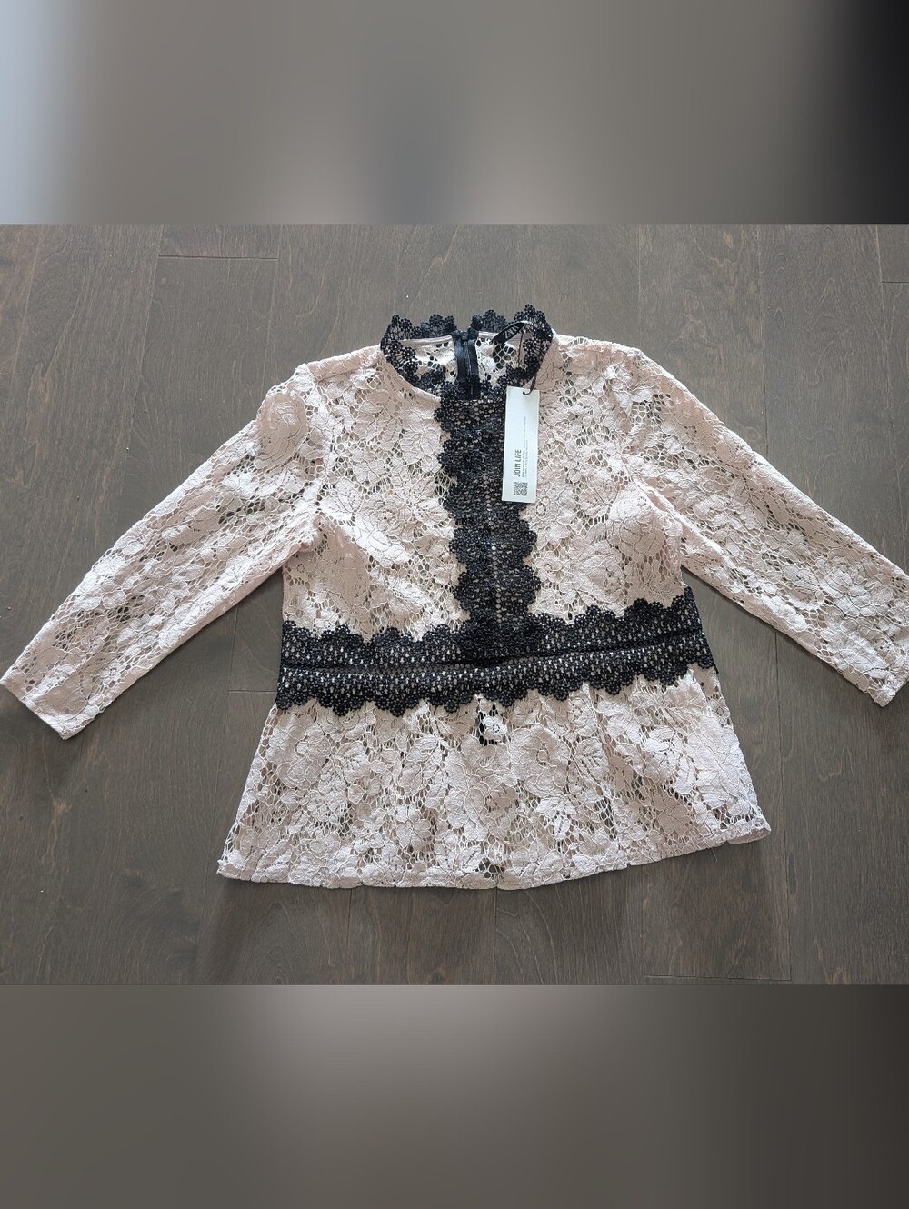 Zara Pink Lace Blouse with Black Crochet Trim